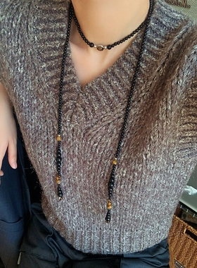 小众行星虎眼石黑玛瑙串珠毛衣链