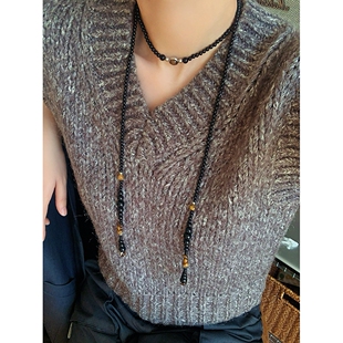 TU家小众设计行星虎眼石黑玛瑙串珠项链耳钉女高级百搭叠戴毛衣链