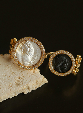 复古925银浮雕双指古币开口戒指