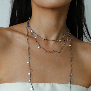 TU家小众复古手工锤痕银币天然石串珠长项链女欧美ins叠搭毛衣链