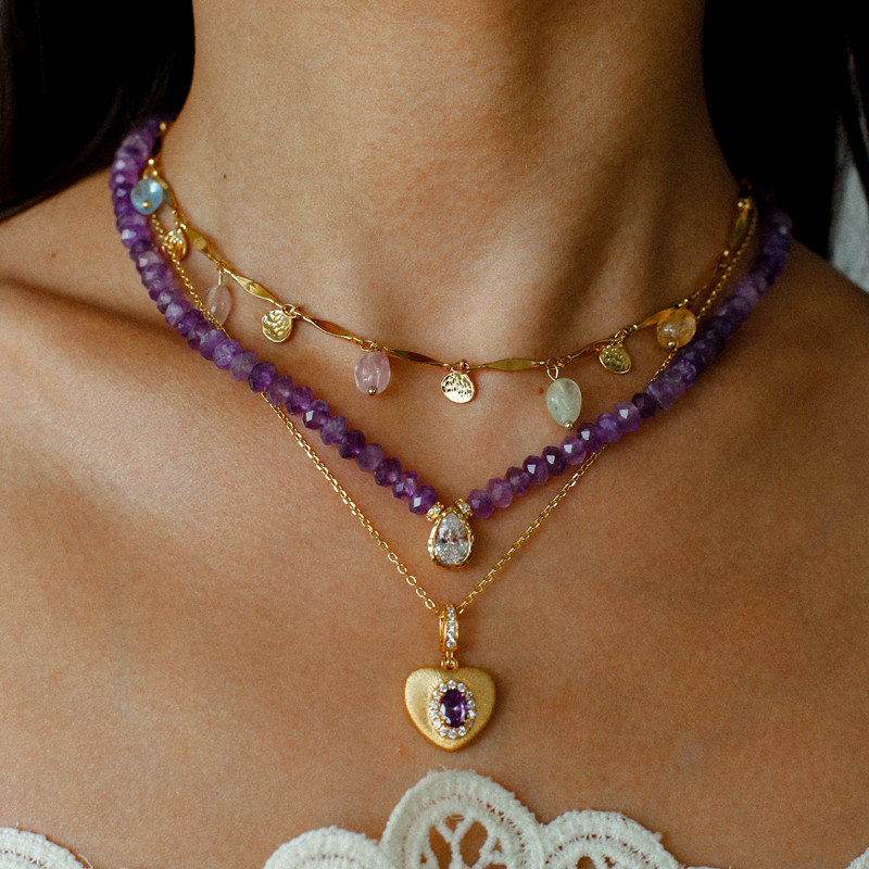 TU家 欧美ins天然珍珠紫晶水滴吊坠项链女小众设计叠搭锁骨链颈链