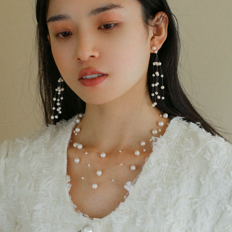 满天星天然珍珠悬浮隐形项链耳环