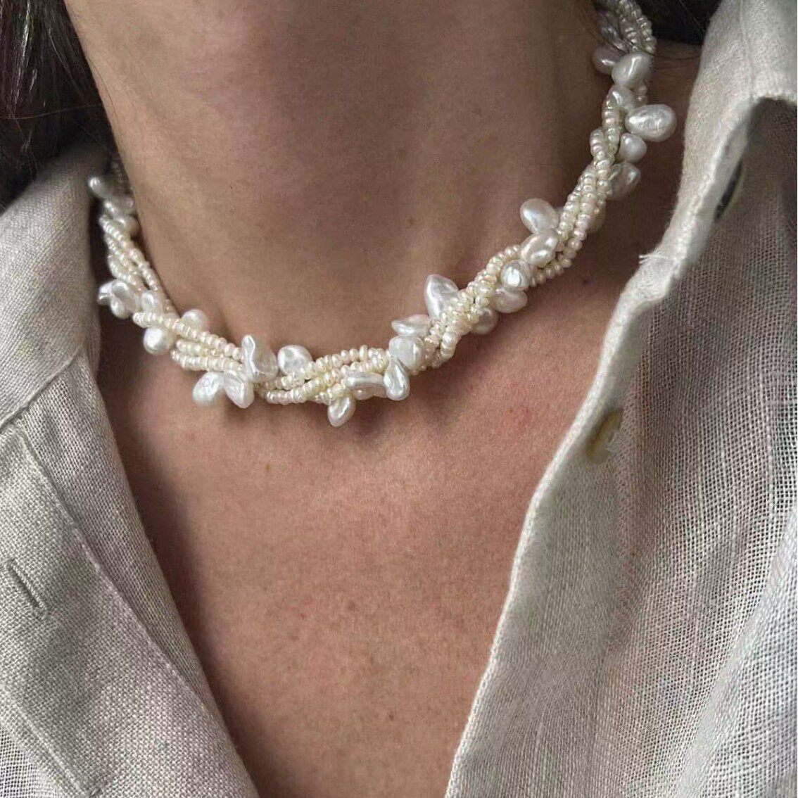TU家法式复古多层缠绕天然珍珠项链女轻奢小众花瓣小米珠锁骨颈链