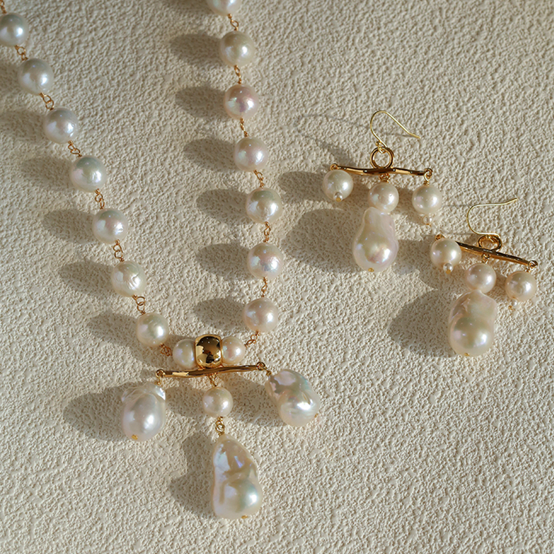 法式天然巴洛克珍珠平衡耳环项链