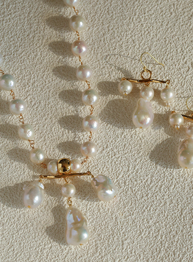 法式天然巴洛克珍珠平衡耳环项链