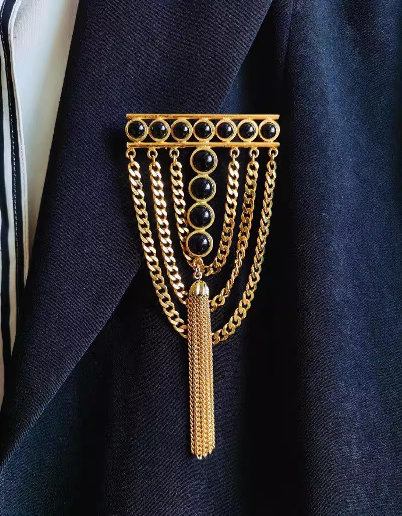 复古链条流苏黑玛瑙胸针古董风vintage气质大衣西装别针男士配饰