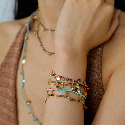 小众复古手工锤痕金币天然石手链