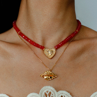 TU家 波西米亚风珍珠金矿石立体爱心吊坠项链ins复古叠搭锁骨颈链