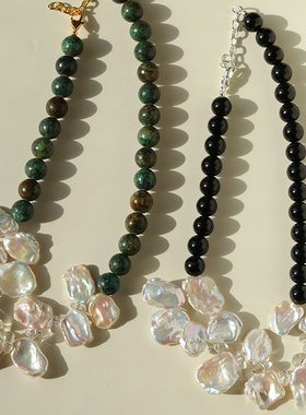 法式复古天然花瓣珍珠天然石项链