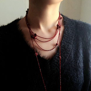 TU小众经典高级琉璃红玫瑰超长项链2026本命年红色叠戴挂脖毛衣链