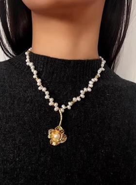 法式复古金色花朵天然珍珠项链女