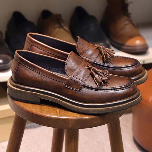 复古流苏乐福鞋头层牛皮