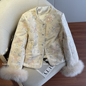 浅粉色小香风羽绒服女冬季 新款 高级感重工刺绣亮片狐狸毛国风外套