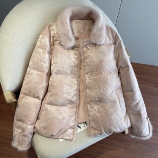 新中式羽绒服女2025冬季新款国风提花水貂毛拼接独特漂亮短款外套