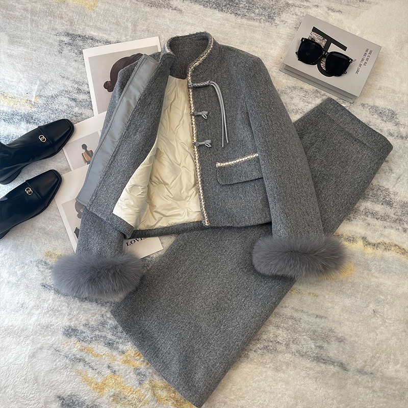 狐狸毛小香风羽绒服套装中式外套