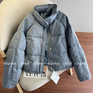 蓝色格纹短款羽绒服女2025新款加厚保暖面包服巨好看立领冬季外套