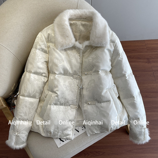 新中式短款羽绒服女2025新款提花水貂毛拼接独特绝美厚外套过冬