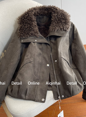羊羔毛大翻领鹿皮绒加绒加厚棉服
