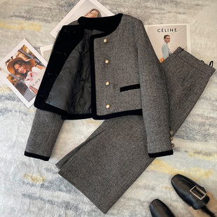 拼接撞色短外套长裙两件套 新款 人字呢小香风羽绒服套装 女2025冬季