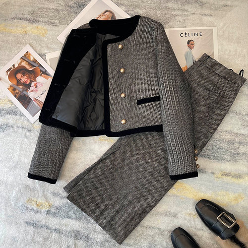 人字呢小香风羽绒服套装拼接撞色