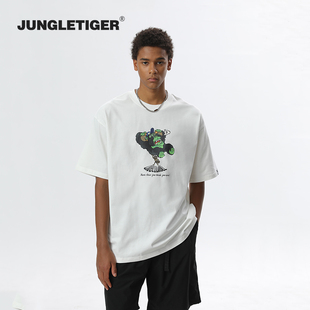 丛林老虎原创插画大猩猩印花短袖男2026夏季潮流纯棉重磅半袖t恤