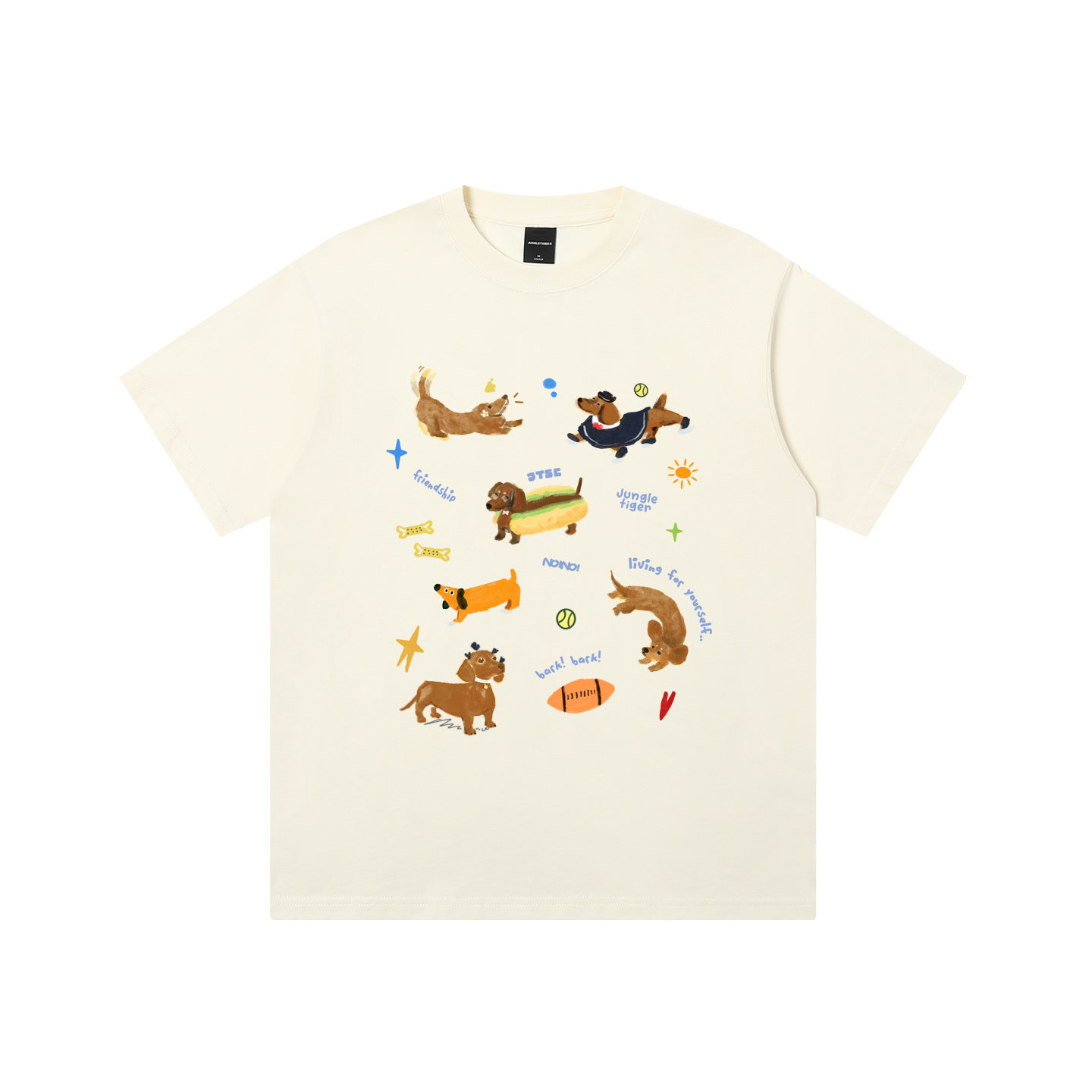 丛林老虎&插画师联名腊肠狗印花短袖女夏季美式重磅宽松情侣T恤男