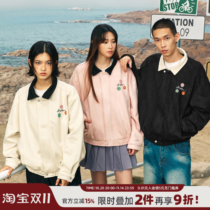 丛林老虎潮牌小花刺绣麂皮绒夹克