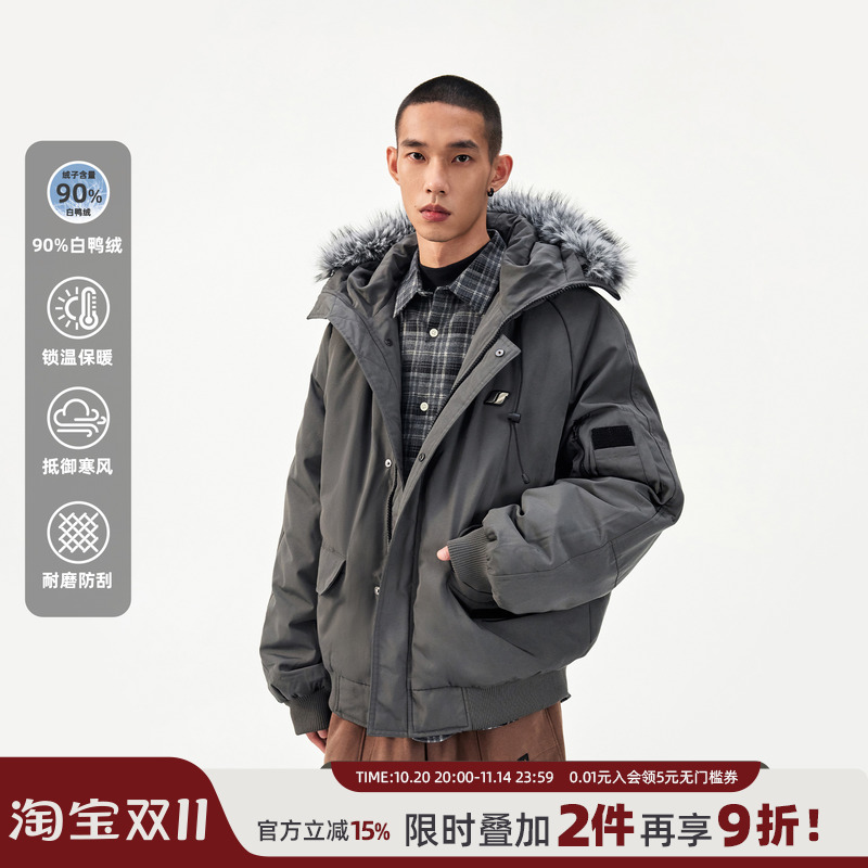 丛林老虎可拆卸毛领工装羽绒服男