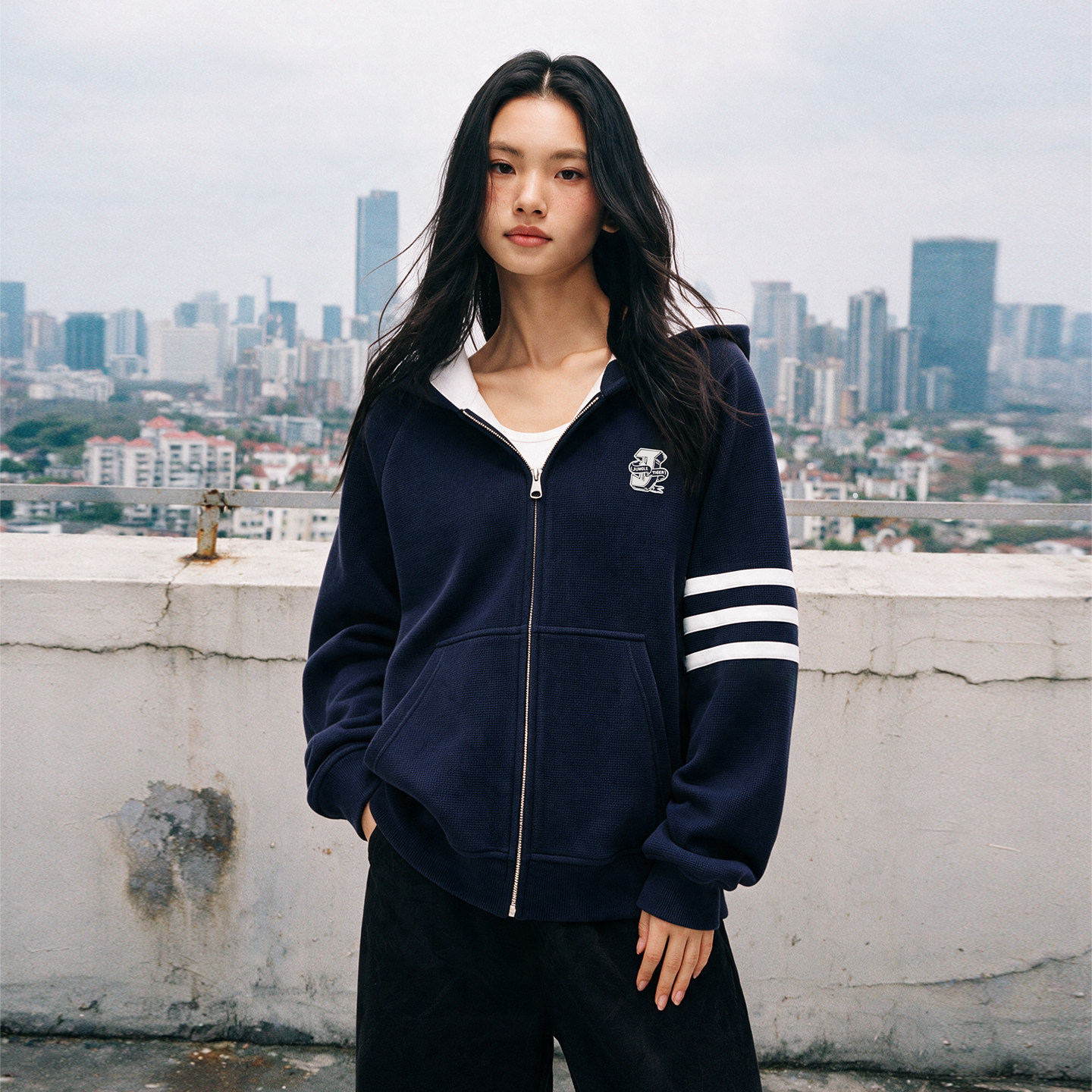 丛林老虎三条杠拉链卫衣复古学院风运动服外套空气层重磅连帽上衣