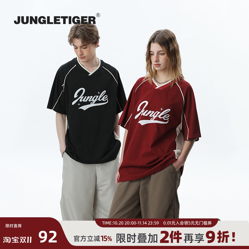 丛林老虎美式字母拼接V领短袖T恤