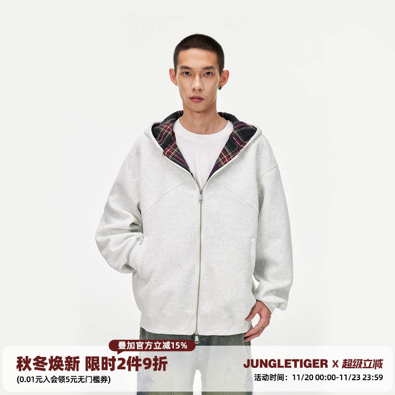 丛林老虎潮牌格子拼接连帽卫衣男