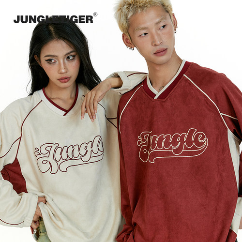 丛林老虎美式字母刺绣V领卫衣男