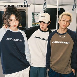 丛林老虎美式 T恤男女春秋纯棉宽松圆领拼色情侣上衣 字母插肩长袖