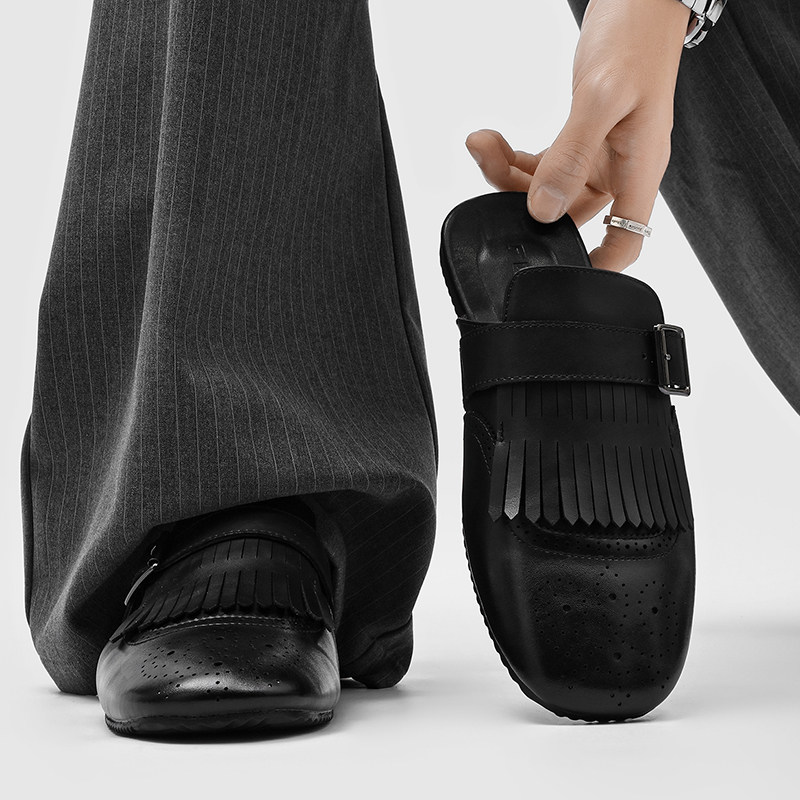 流苏包头半拖鞋男2026新款春季一脚蹬平底勃肯鞋外穿休闲懒人鞋,流行男鞋,软木鞋/勃肯鞋,淘宝优惠券,粉丝福利购,淘宝优惠卷
