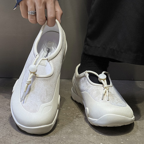 白色赤足徒步鞋男2026新款懒人一脚蹬扁头户外百搭时尚套脚登山鞋