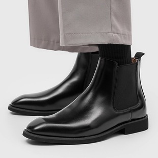 方头切尔西靴男款真皮商务正装英伦风休闲黑色中帮短靴高帮皮鞋