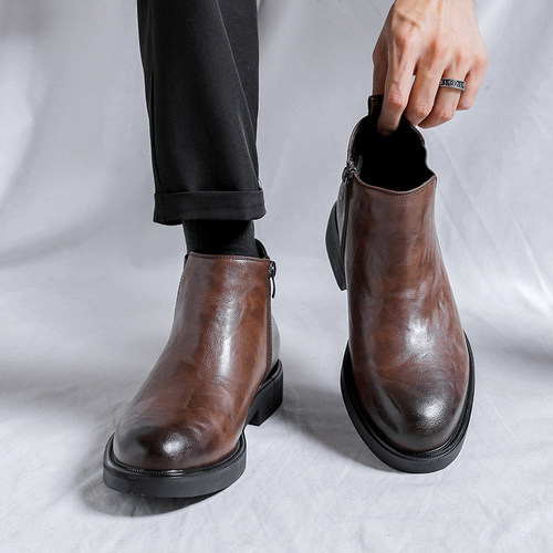 切尔西靴男冬季加绒真皮尖头短靴