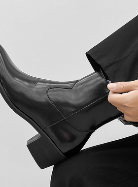 尖头切尔西靴男真皮英伦风黑色拉链短靴高帮皮鞋厚底增高马丁靴