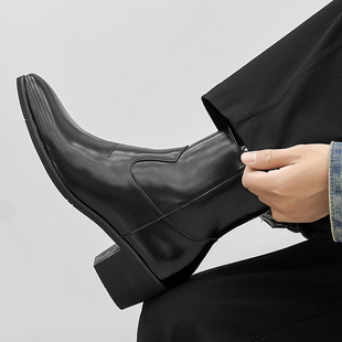 尖头切尔西靴男真皮英伦风黑色拉链短靴高帮皮鞋厚底增高马丁靴