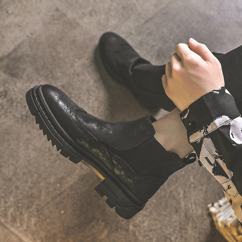 CHELSEA BOOTS MENS LEATHER WINTER VELVET POINTED TOE BRITISH BOOTS HIGH TOP LEATHER SHOES HIGH HEIGHT ENGRAVED MARTIN BOOTS
