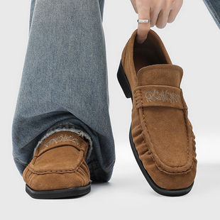 褶皱方头乐福鞋男款翻毛皮老钱风一脚蹬德比鞋休闲通勤百搭豆豆鞋