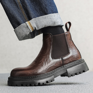 切尔西靴男真皮冬季加绒英伦风高帮皮鞋棕色中帮短靴内增高烟筒靴