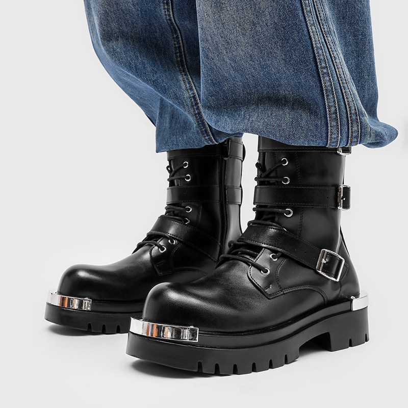 马丁靴男铁头朋克风金属搭扣机车靴厚底增高工装靴侧拉链高帮皮靴