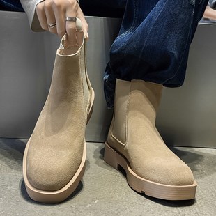 切尔西靴男款真皮英伦风中帮马丁靴一脚蹬复古短靴翻毛皮高帮皮鞋