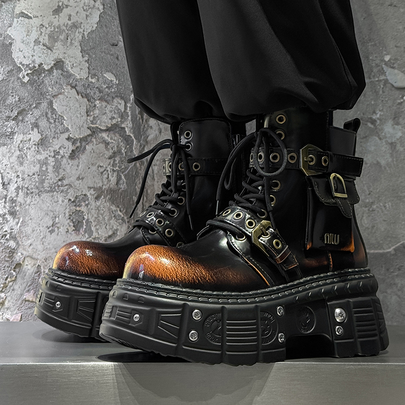 增高8CM马丁靴朋克风漆皮机车靴