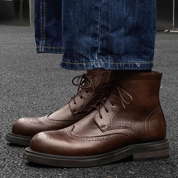 高帮皮鞋男商务正装真皮棕色拉链英伦风布洛克鞋复古工装靴马丁靴