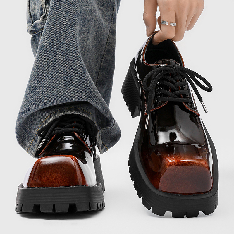 方头德比鞋男漆皮棕色厚底皮鞋