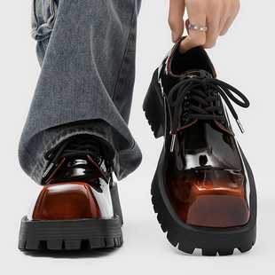 方头德比鞋男漆皮亮面棕色厚底7CM工装鞋潮牌增高发型师休闲皮鞋