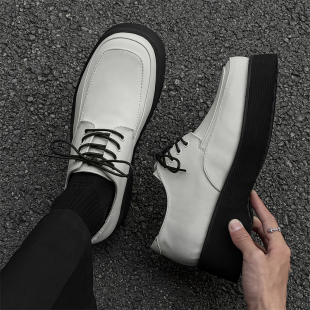 白色德比鞋男款真皮厚底增高松糕鞋高级感英伦风方头小众雅痞皮鞋