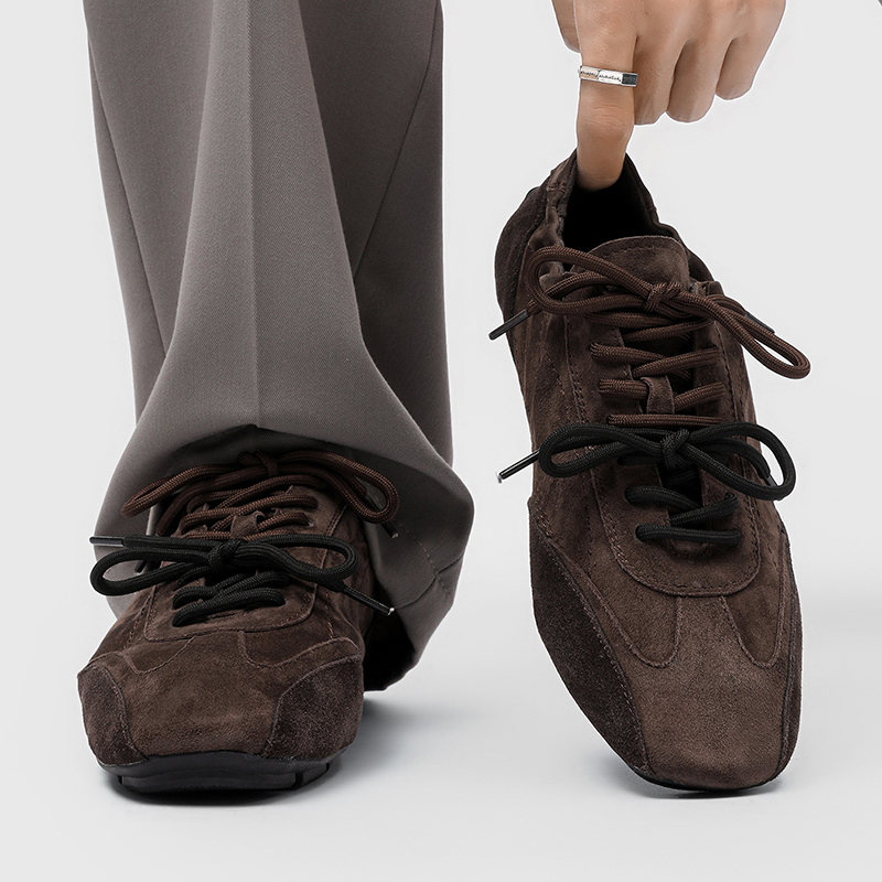 棕色德训鞋男真皮方头拼色阿甘鞋